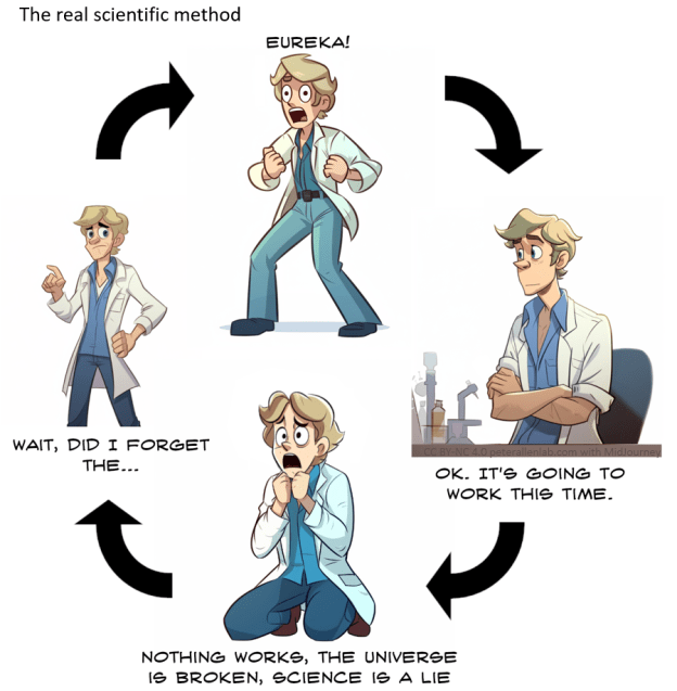 A comic with a scientist in 4 stages of the scientific method in a circle.