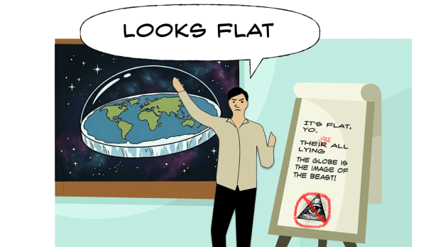 A crude illustration of a man showing a slide show illustration of a flat earth. He has a misspelled set of talking points.